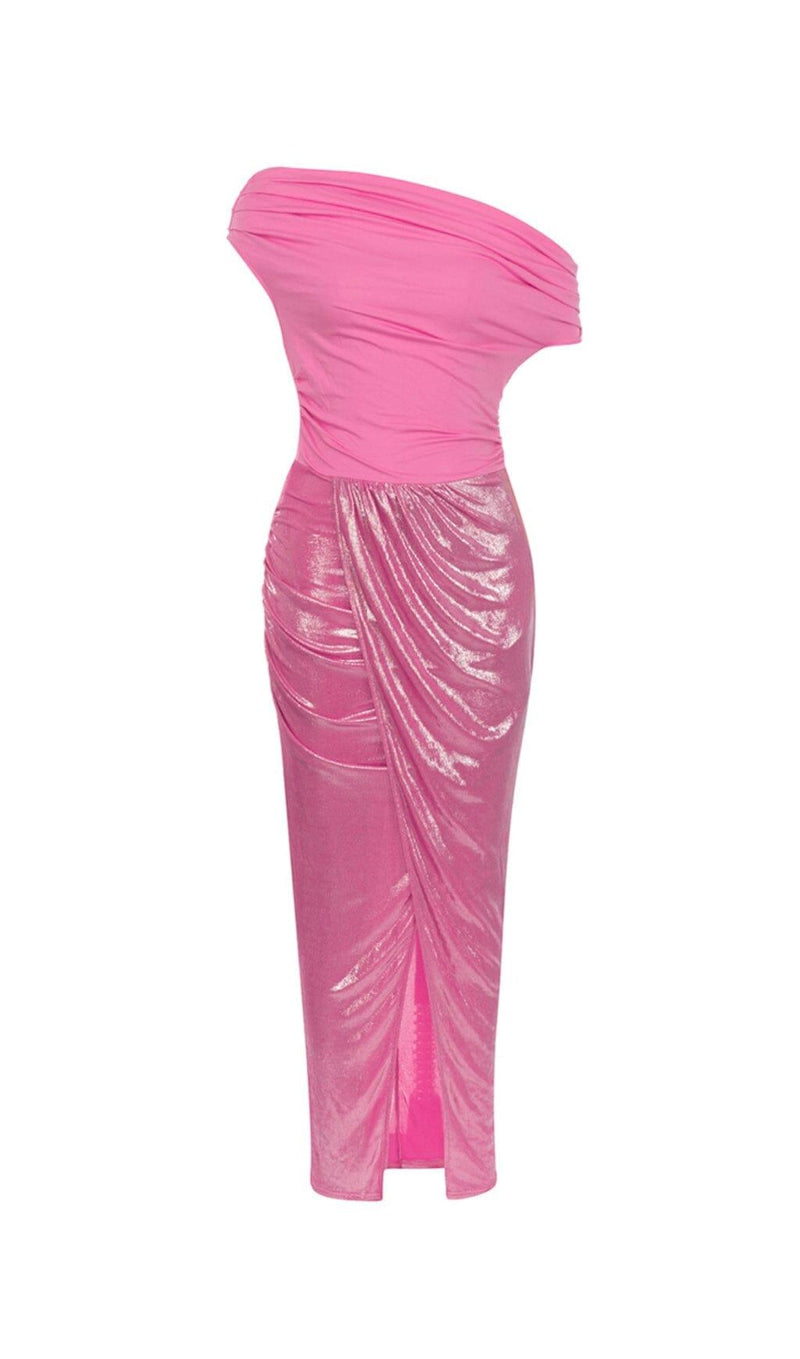 RUCHED SPLIT THIGH DRESS IN PINK