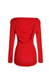 HOODED VISCOSE JERSEY MINI DRESS IN RED