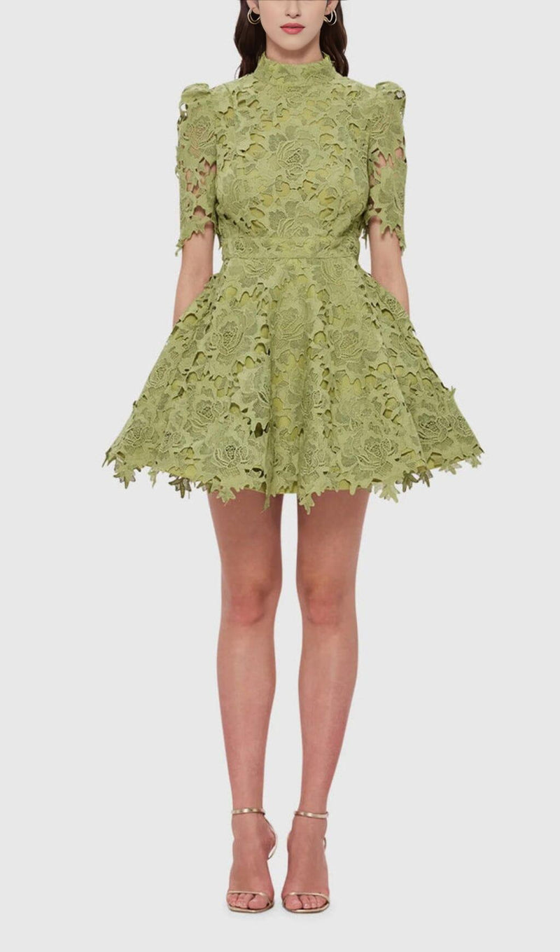 LACE SHORT SLEEVE MINI DRESS IN OLIVE