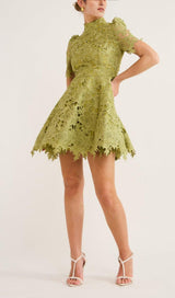 LACE SHORT SLEEVE MINI DRESS IN OLIVE
