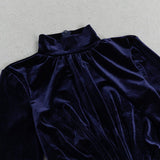 DARK BLUE HALF-HIGH COLLAR LONG-SLEEVED HOLLOW TIGHT SLIT MAXI DRESS