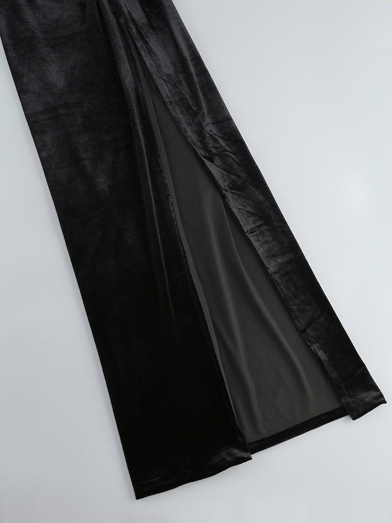ELEGANT BLACK SEXY HOLLOW OUT ROBE HIGH SLIT MAXI DRESS