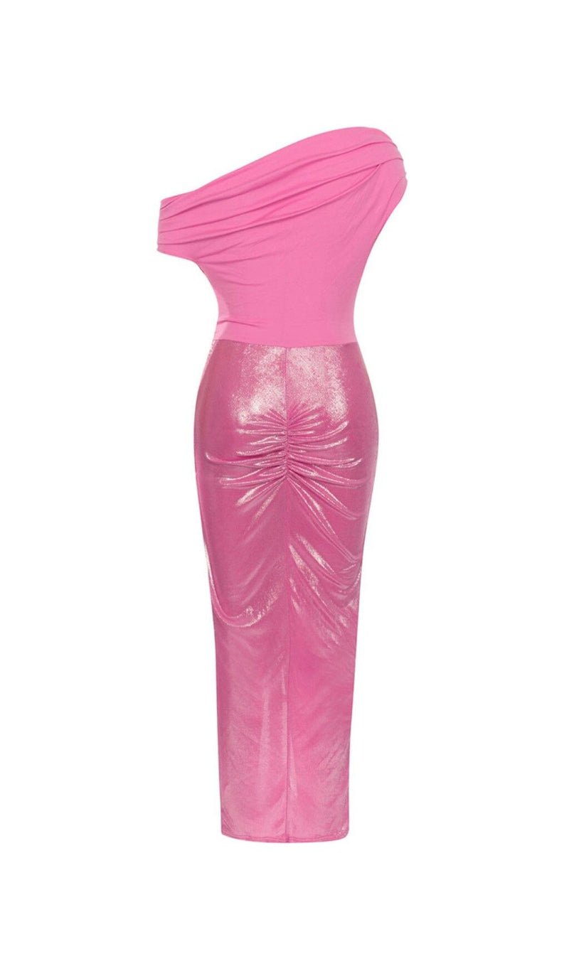 RUCHED SPLIT THIGH DRESS IN PINK