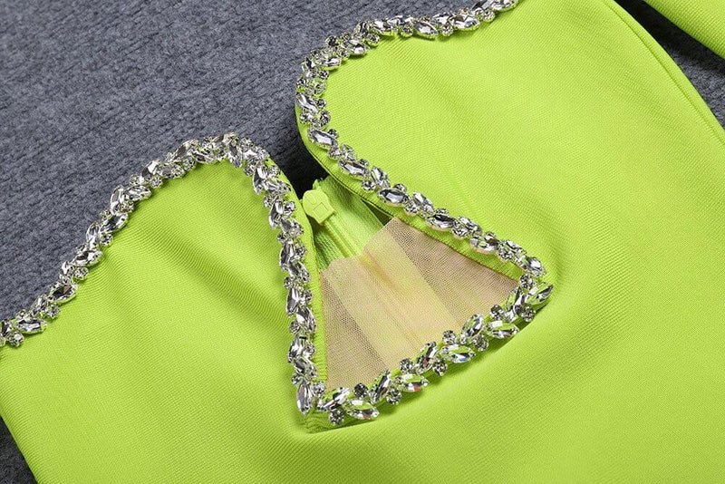GREEN V-NECK OFF-SHOULDER LONG-SLEEVED MESH DIAMOND BANDAGE DRESS