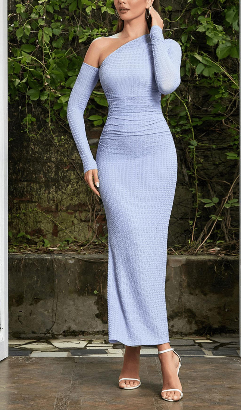 BLUE OFF-SHOULDER LONG-SLEEVED BODYCON MAXI DRESS