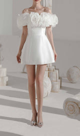 3D FLORAL ONE-SHOULDER MINI DRESS IN WHITE