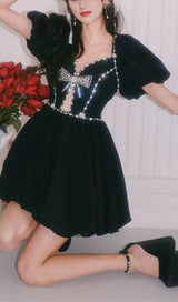Black Diamond Chain Bow Pleated Puffy Dress