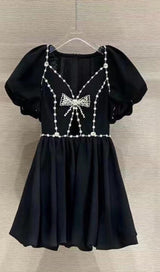 Black Diamond Chain Bow Pleated Puffy Dress