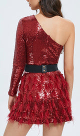 ONE-SHOULDER LONG-SLEEVE MINI DRESS WITH FEATHER SEQUINS