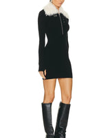FLUFFY COLLARED ZIP DETAILED KNIT MINI DRESS