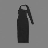 BLACK ONE-SLEEVE ELASTIC BANDAGE MIDRIFF-BARING MAXI DRESS