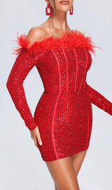 RED LONG SLEEVE FEATHERS SEQUIN DRESS