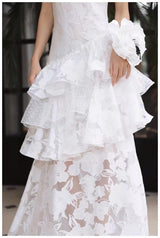 WHITE FLORAL TIERED LACE MAXI DRESS