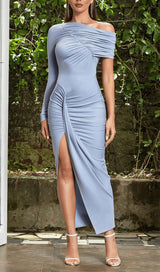 RUCHED SLIT MAXI DRESS IN BLUE