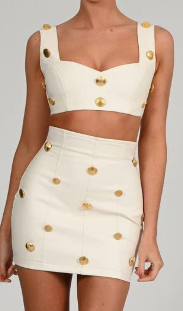 LEATHER BUTTON TWO PIECES SUIT IN WHITE