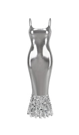 SEQUIN FLUTED MAXI DRESS IN SILVER