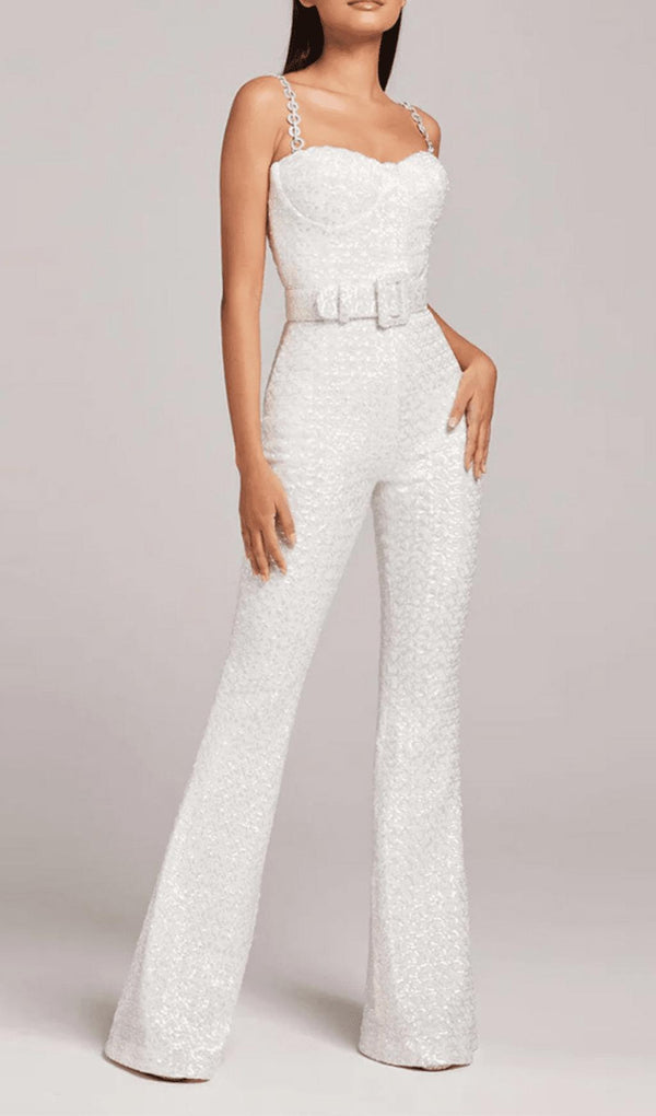 SEQUINED DIAMANTE STRAP FLARED JUMPSUIT WITH BELT IN WHITE