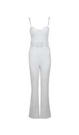 SEQUINED DIAMANTE STRAP FLARED JUMPSUIT WITH BELT IN WHITE