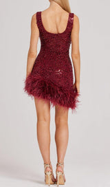 RED FEATHER SEQUIN DRESS