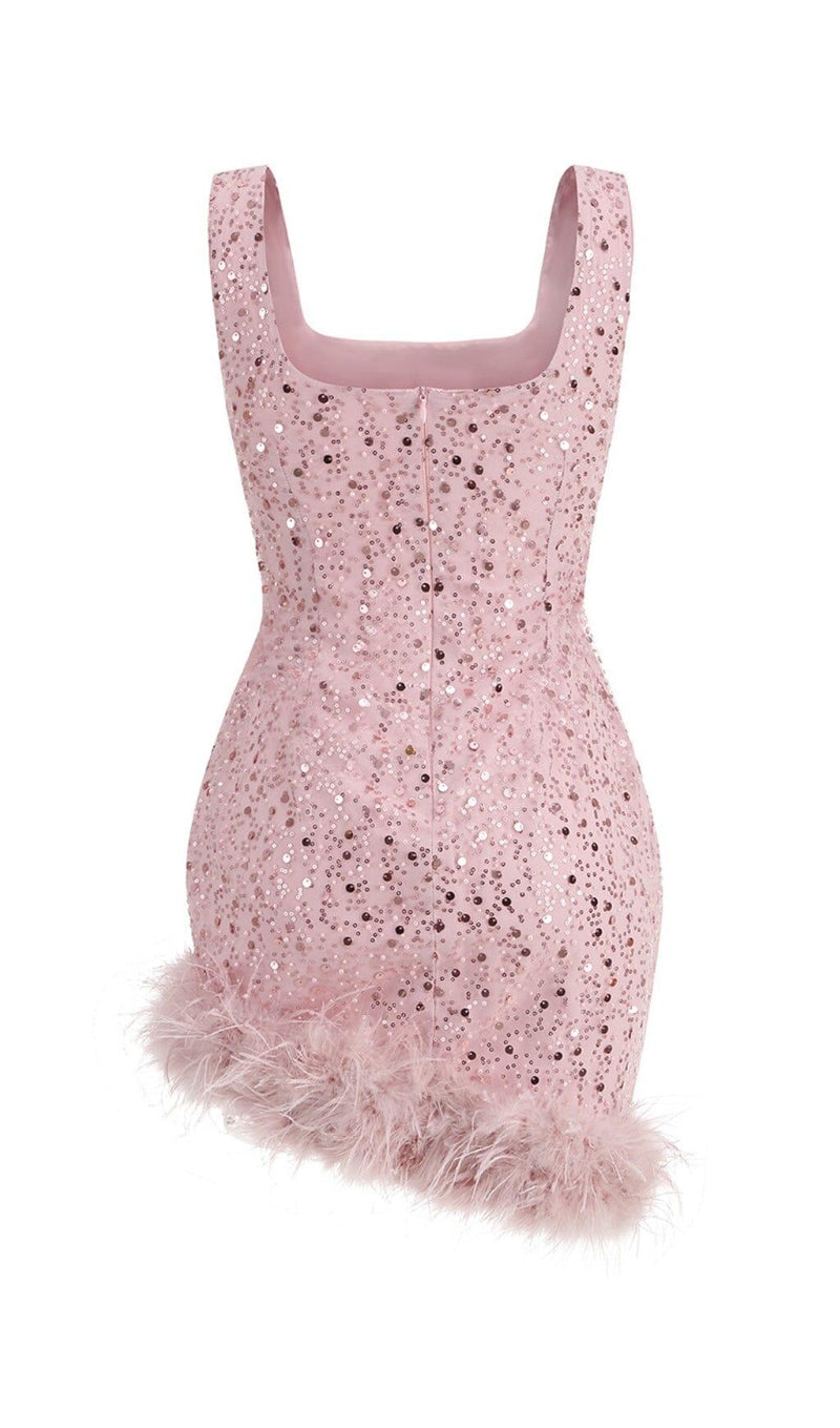 PINK FEATHER SEQUIN DRESS