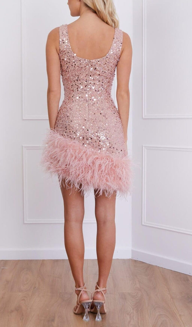 PINK FEATHER SEQUIN DRESS