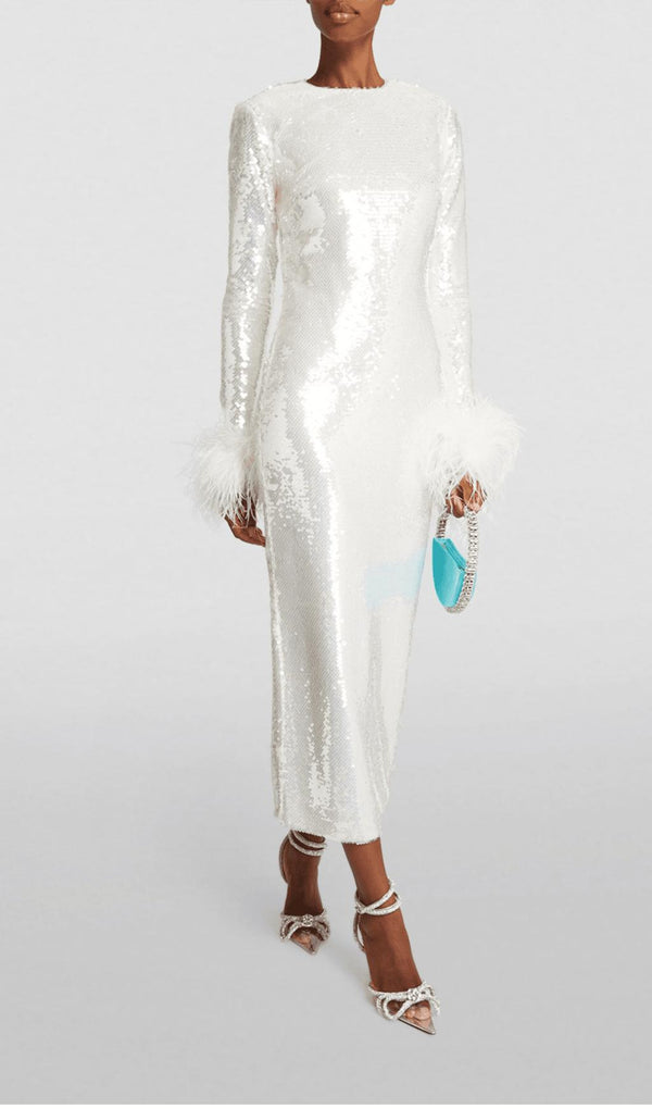 WHITE LONG SLEEVE FEATHER SEQUINNED MIDI DRESS