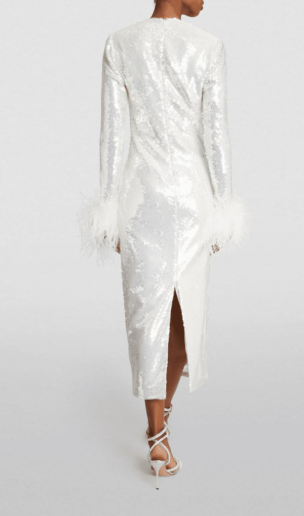 WHITE LONG SLEEVE FEATHER SEQUINNED MIDI DRESS