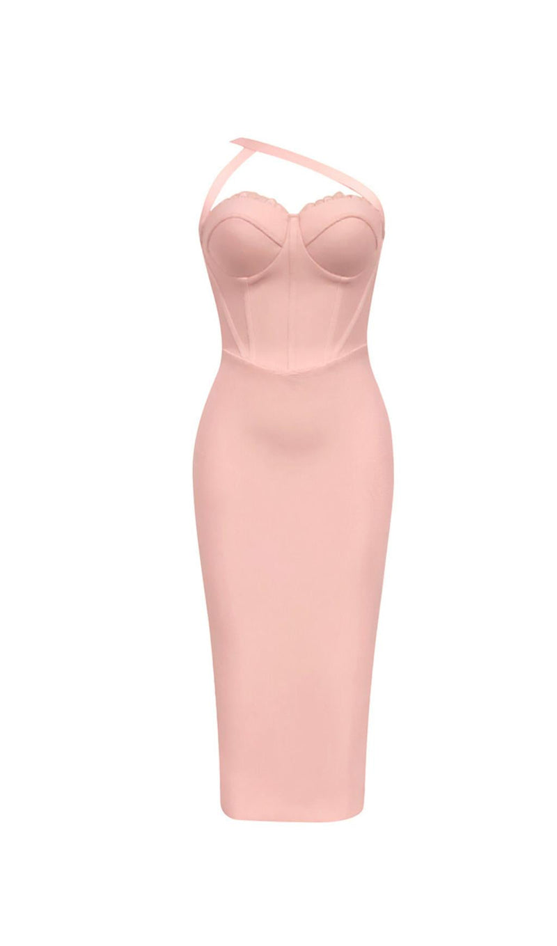 ONE SHOULDER LACE BUSTIER MIDI DRESS IN PINK