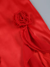 RED SATIN LACE CORSET MAXI DRESS