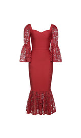 LACE SLEEVE MERMAID MAXI DRESS IN RED