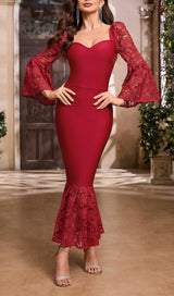 LACE SLEEVE MERMAID MAXI DRESS IN RED