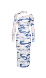 LONG SLEEVE RUCHED MIDI DRESS IN WHITE BLUE