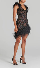 FEATHER DETAIL SEQUIN MINI DRESS  IN BLACK