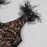 FEATHER DETAIL SEQUIN MINI DRESS  IN BLACK