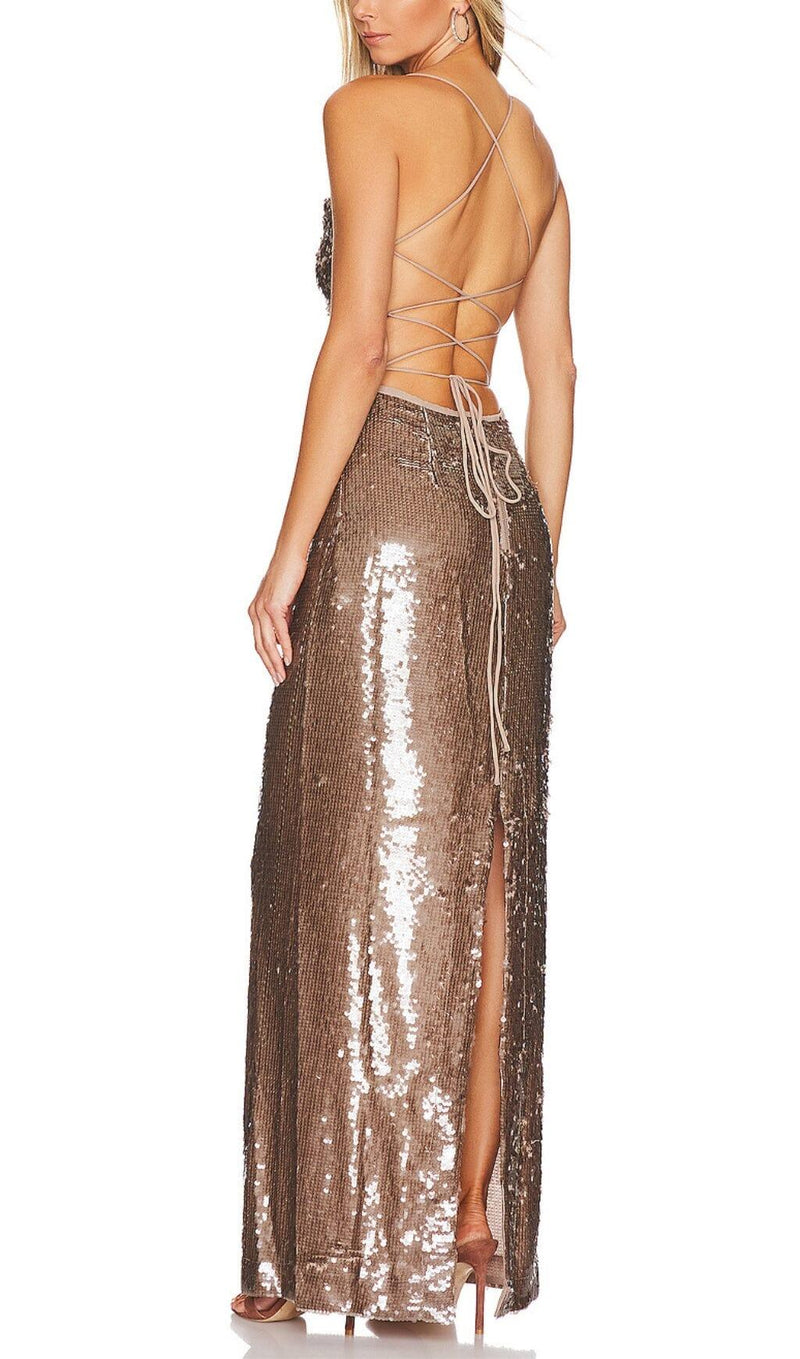 SEQUIN BACKLESS MAXI DRESS IN BROWN