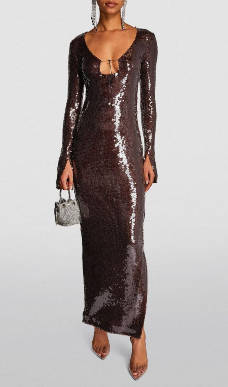 BROWN CUT OUT SEQUIN MAXI DRESS