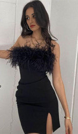 STRAPLESS FEATHER MINI DRESS IN BLACK