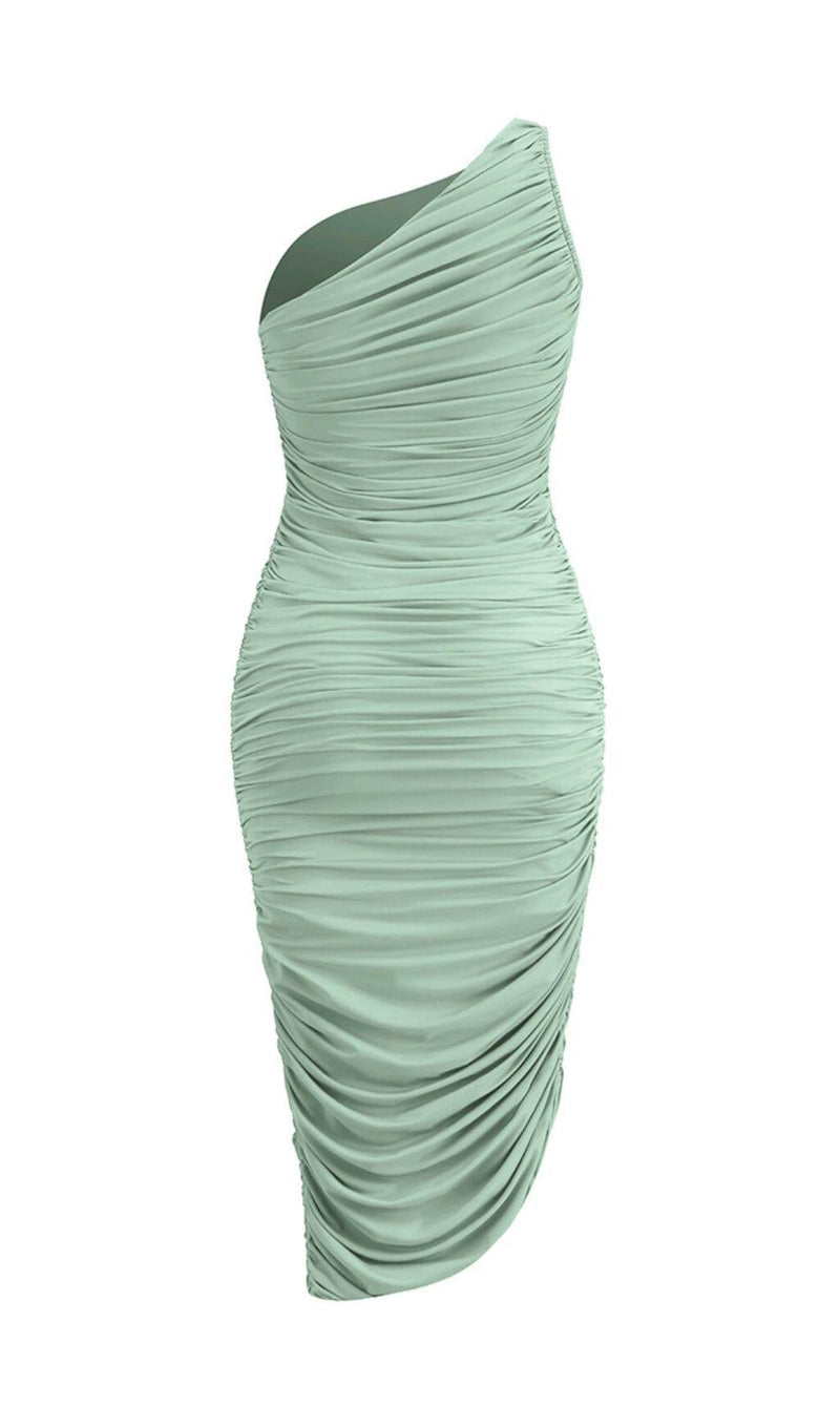 PLEATED SLEEVELESS ONE-SHOULDER DRESS IN GREEN