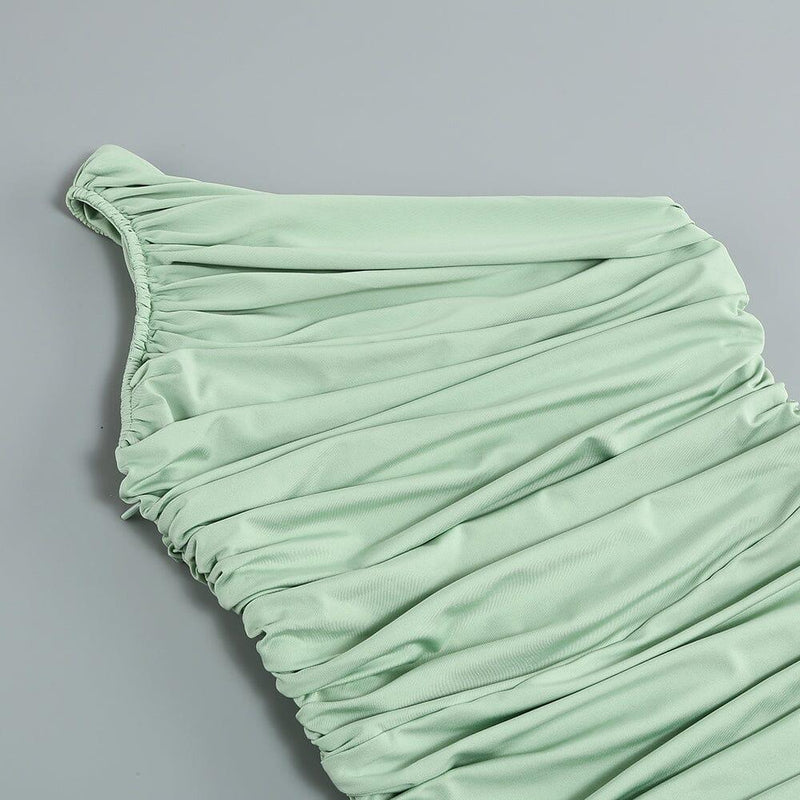 PLEATED SLEEVELESS ONE-SHOULDER DRESS IN GREEN