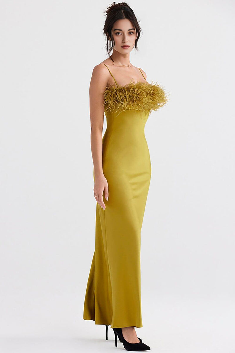 CHARTREUSE STRAPPY FEATHER-TRIM MAXI DRESS