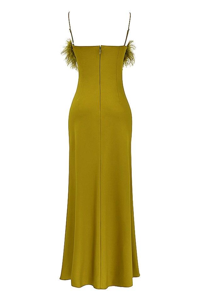 CHARTREUSE STRAPPY FEATHER-TRIM MAXI DRESS