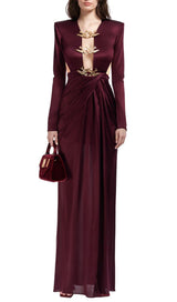 SATIN HOLLOW OUT LONG SLEEVE MAXI DRESS IN RED