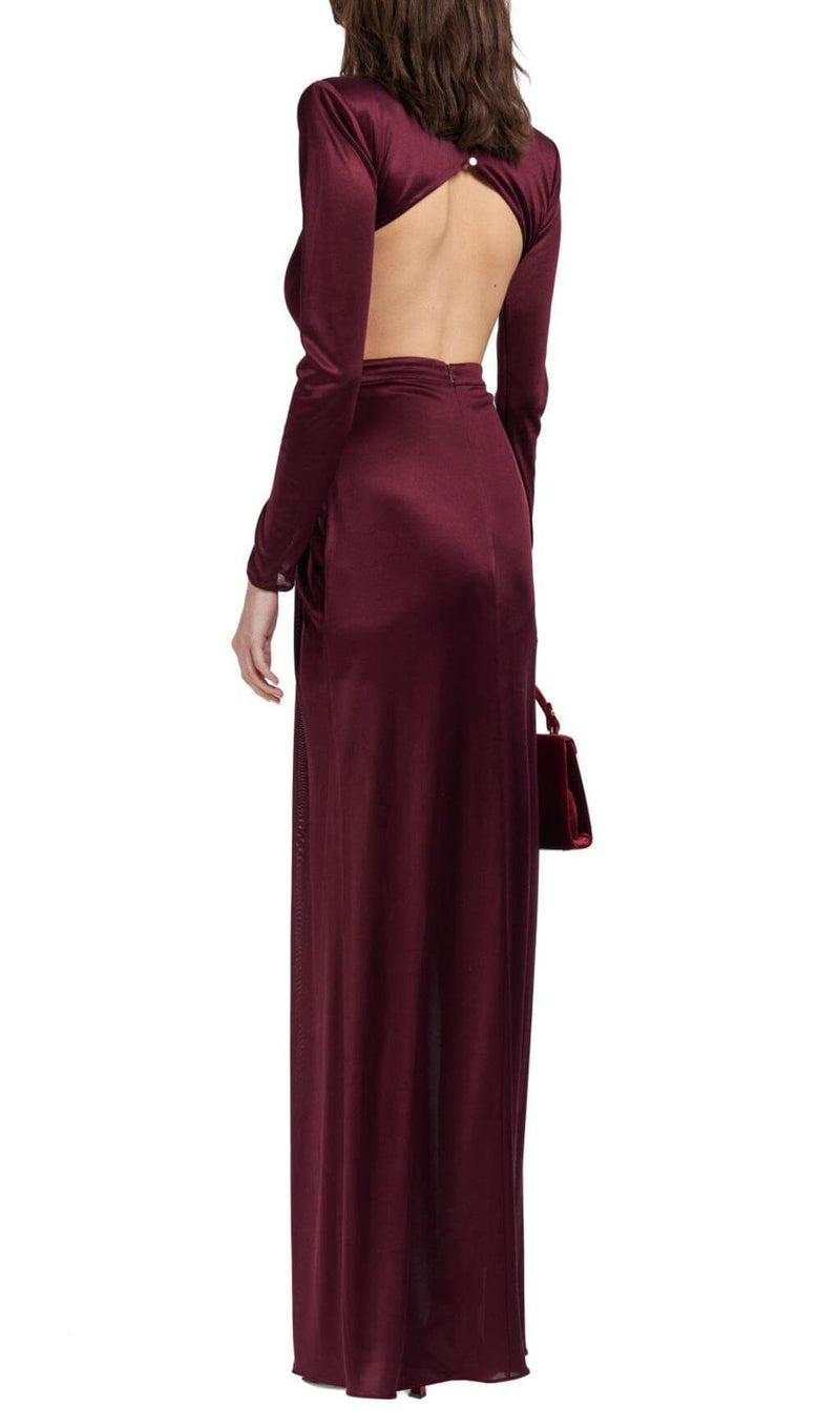 SATIN HOLLOW OUT LONG SLEEVE MAXI DRESS IN RED