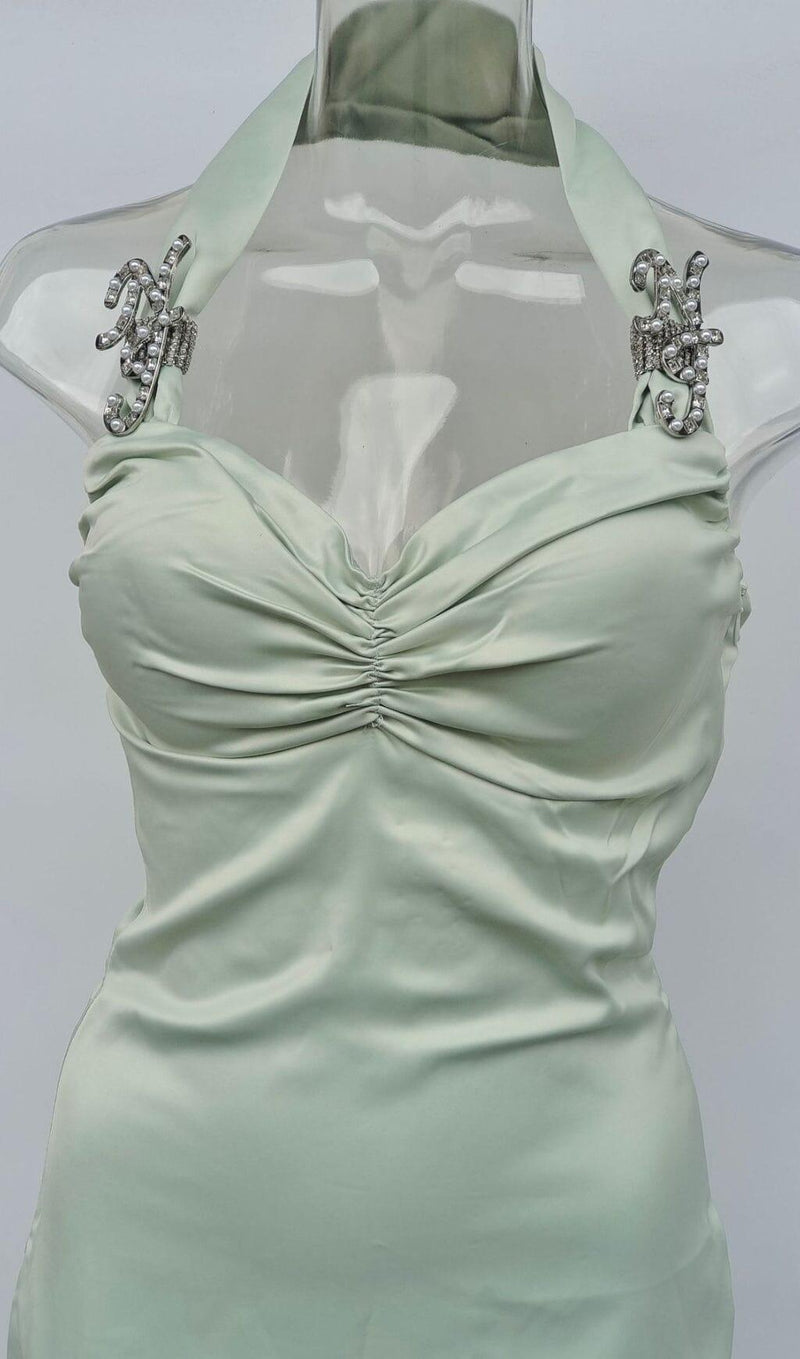 HANGING NECK PLEATED BANDEAU DRESS IN MINT GREEN