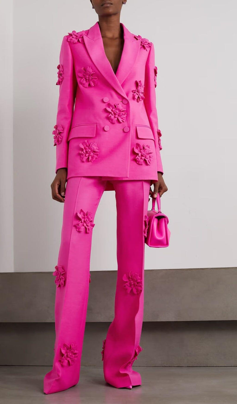 DOUBLE-BREASTED THREE DIMENSIONAL FLORAL SUIT JACKET IN PINK