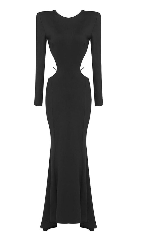 LONG SLEEVE CUT OUT BACKLESS MERMAID MAXI DRESS IN BLACK