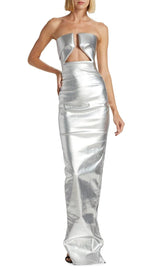 FAUX LEATHER STRAPLESS MAXI DRESS IN SILVER
