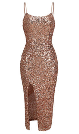 STRAPPY SEQUINS SLIT MIDI DRESS IN GOLD