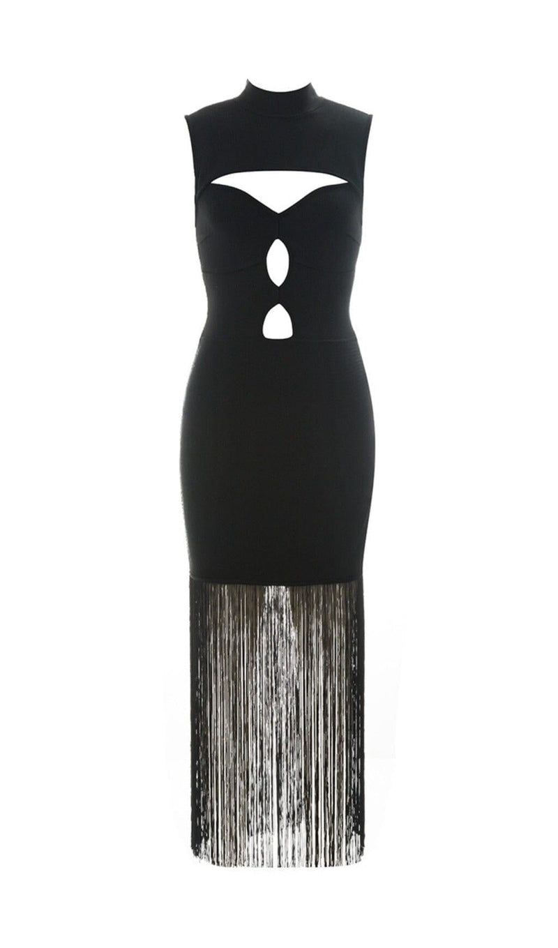 SLEEVELESS HOLLOWED OUT FRINGE DRESS IN BLACK