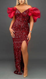 EXAGGERATED SLEEVES SLIM SEQUIN MAXI DRESS IN RED